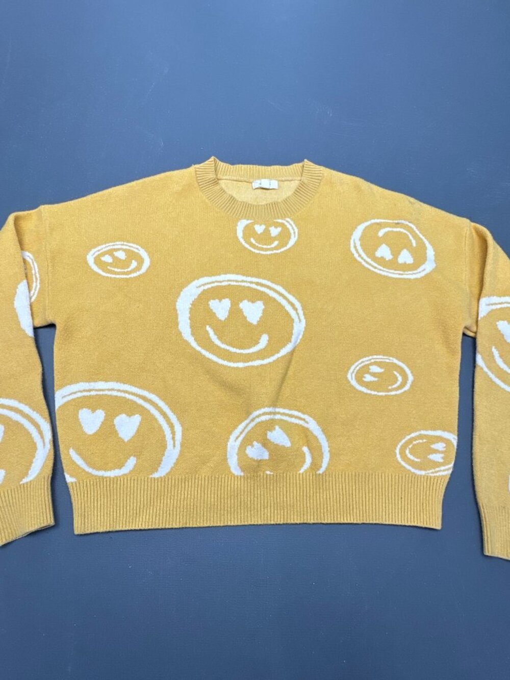 Debut Womens Size S Mustard Yellow Smiley Face Knit Sweater Crew Neck Pullover
